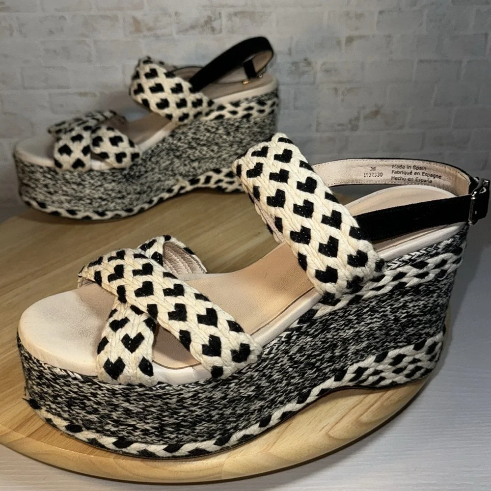 Free People Dolce Platform Wedge Woven Black White Boho Espadrille Sandal Shoes